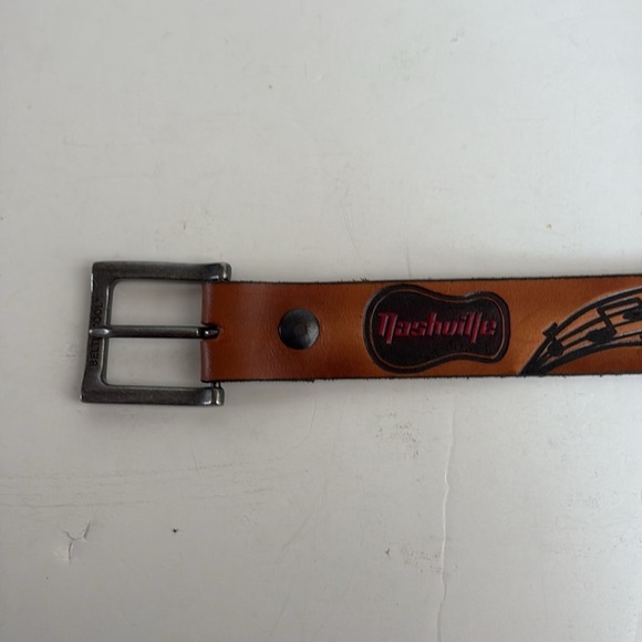 Brown leather Music City Nashville TN belt silver buckle boots cowboy guitar